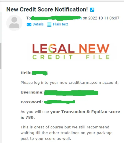 Example email alert showing a client's new credit scores